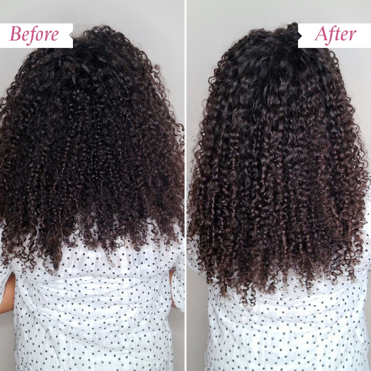 Loreta, dark long curly hair, before and after, back view