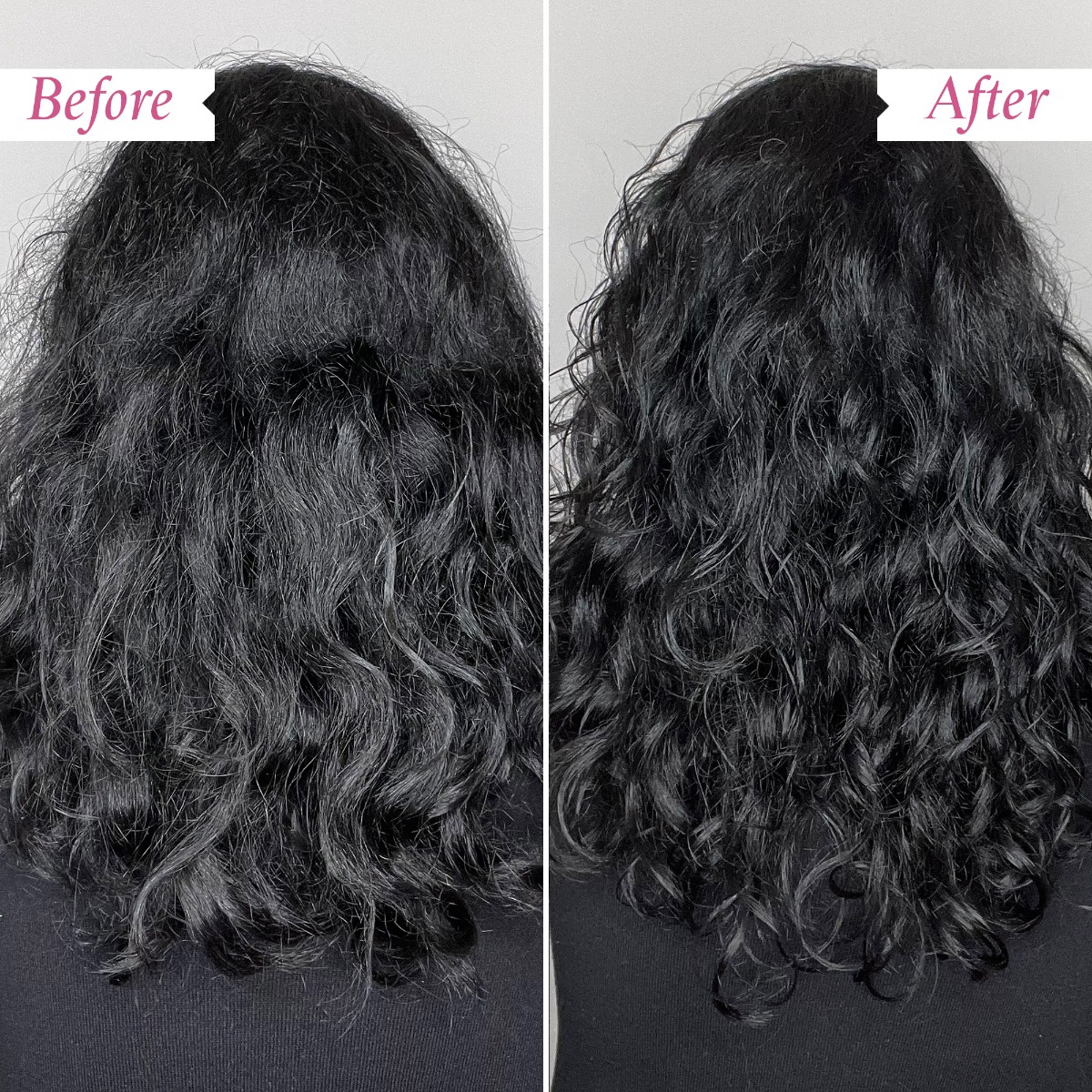 Tahiyat, black long curly hair, before and after, back view