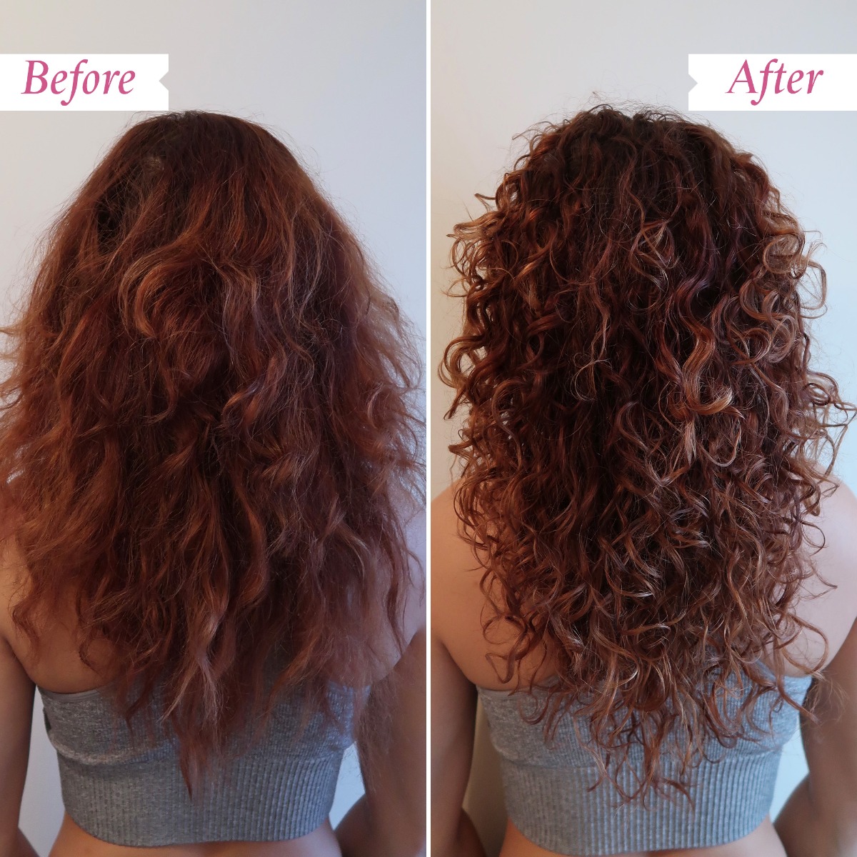 Valencia, ginger long curly hair, before and after, back view